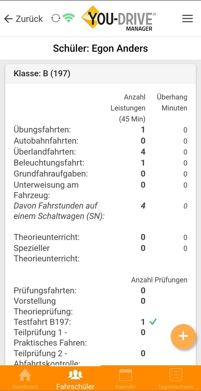 YOU-DRIVE Lehrer-App – Ausbildungsstand des Schülers mit Fahrstunden und Prüfungen