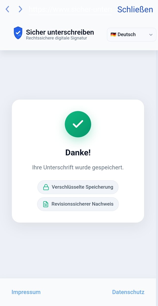 YOU-DRIVE Lehrer-App – Bestätigung: Unterschrift verschlüsselt und revisionssicher gespeichert