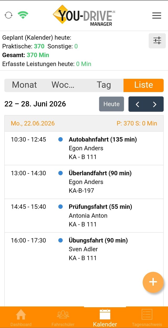 YOU-DRIVE Lehrer-App – Kalender in Listenansicht mit Tages-, Wochen- und Monatsansicht