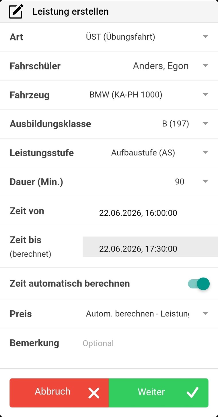 YOU-DRIVE Lehrer-App – Leistung erstellen: Fahrstunde mit Schüler, Fahrzeug und Dauer erfassen