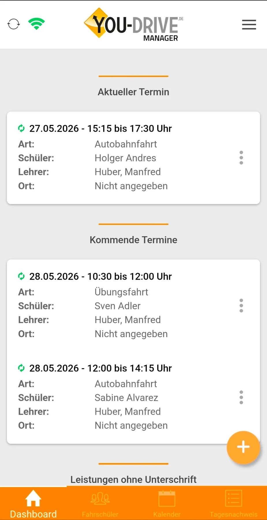 YOU-DRIVE Lehrer-App – Dashboard mit Terminen