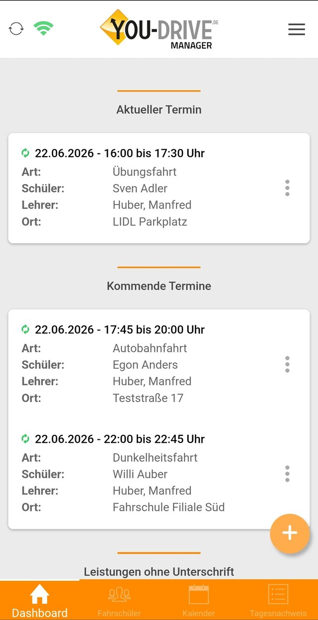 YOU-DRIVE Lehrer-App – Tagesübersicht mit aktuellem und kommenden Terminen