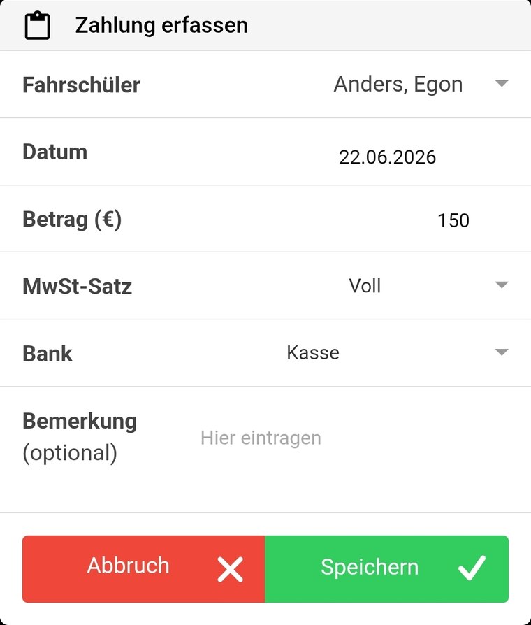YOU-DRIVE Lehrer-App – Zahlung erfassen mit Betrag, MwSt-Satz und Buchung auf Kasse oder Konto