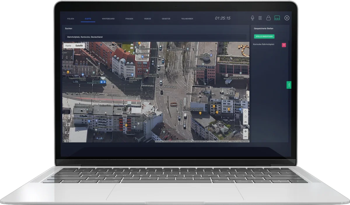 YOU-TEACH auf dem Laptop – interaktive Verkehrssituation auf der Satellitenkarte im Theorieunterricht